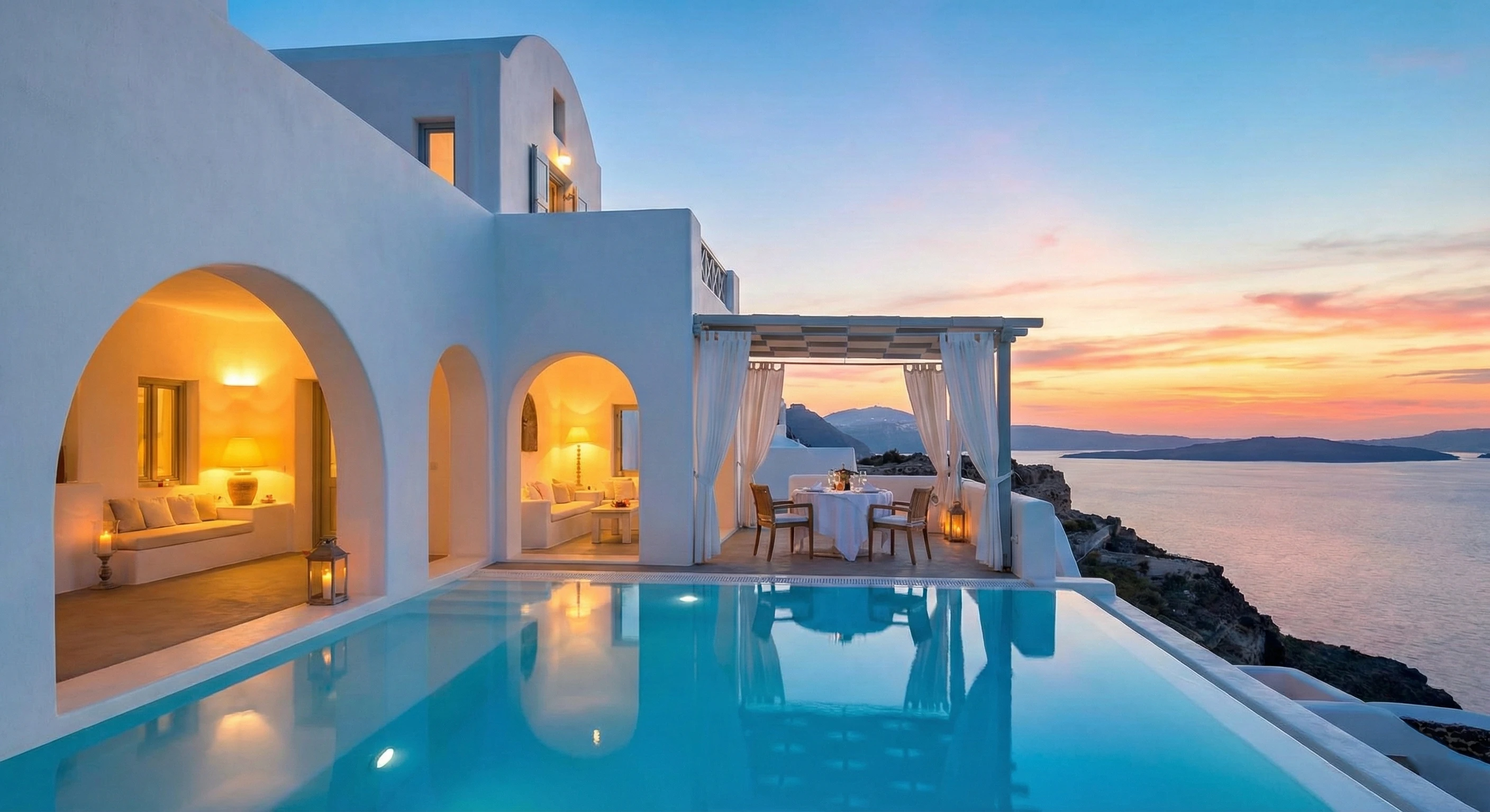 A sunlit luxury suite terrace overlooking the Mediterranean sea with an elegant leather travel dossier on the table