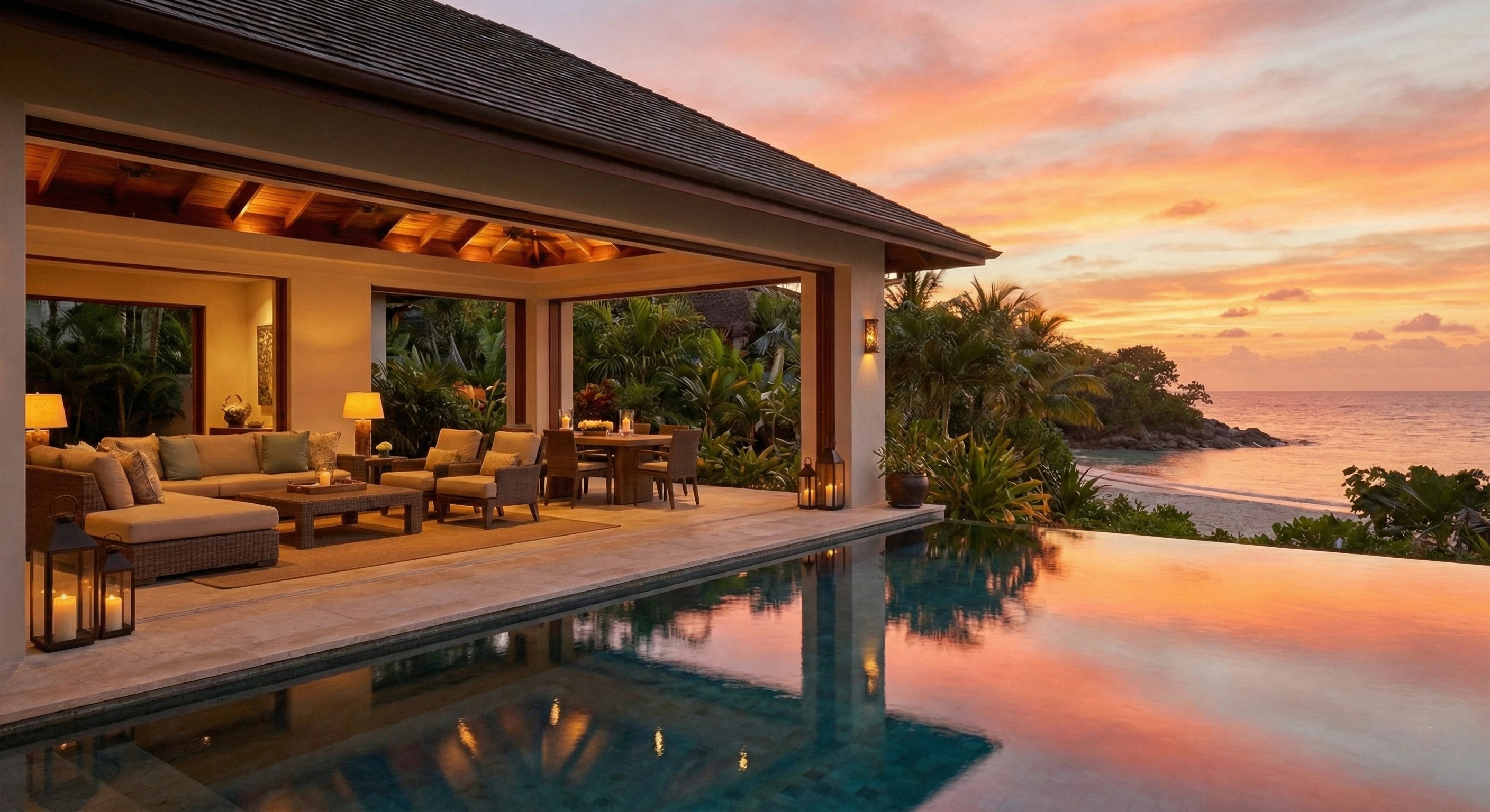 A sun-drenched private beachfront luxury villa with an infinity pool and shaded family lounging cabana
