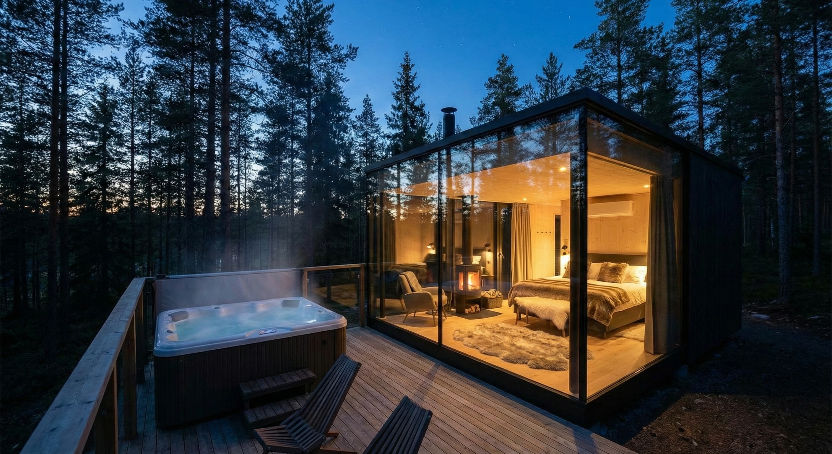 A secluded tranquil forest luxury wellness retreat pavilion surrounded by lush mountain mist at sunrise