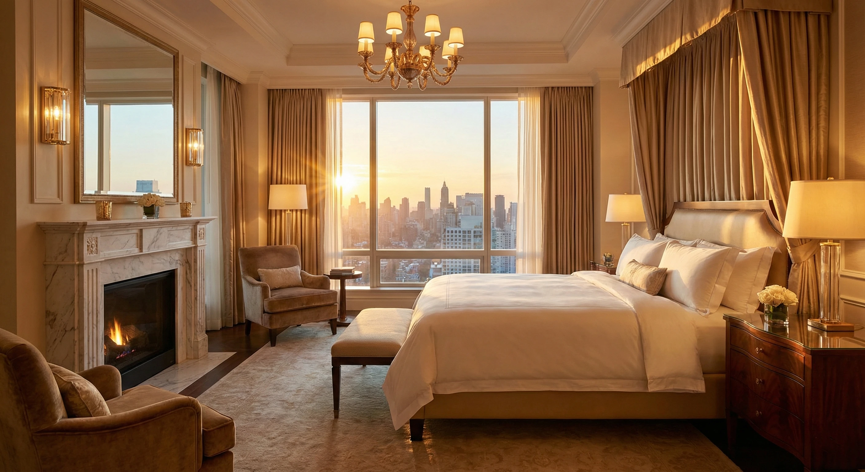A luxurious penthouse suite overlooking a glowing city skyline at twilight with modern acoustic elegance