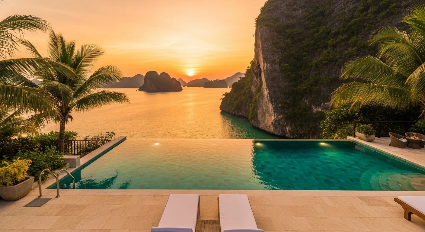 Aerial view of an infinity pool overlooking the ocean at a Southeast Asian luxury resort