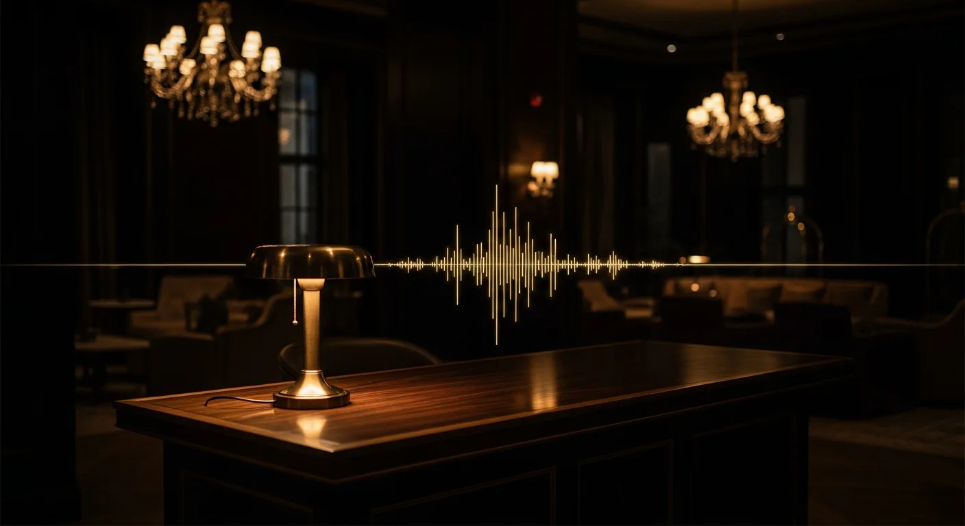 A hotel concierge desk at night with a softly glowing golden sound wave above it, symbolizing Julien's AI voice