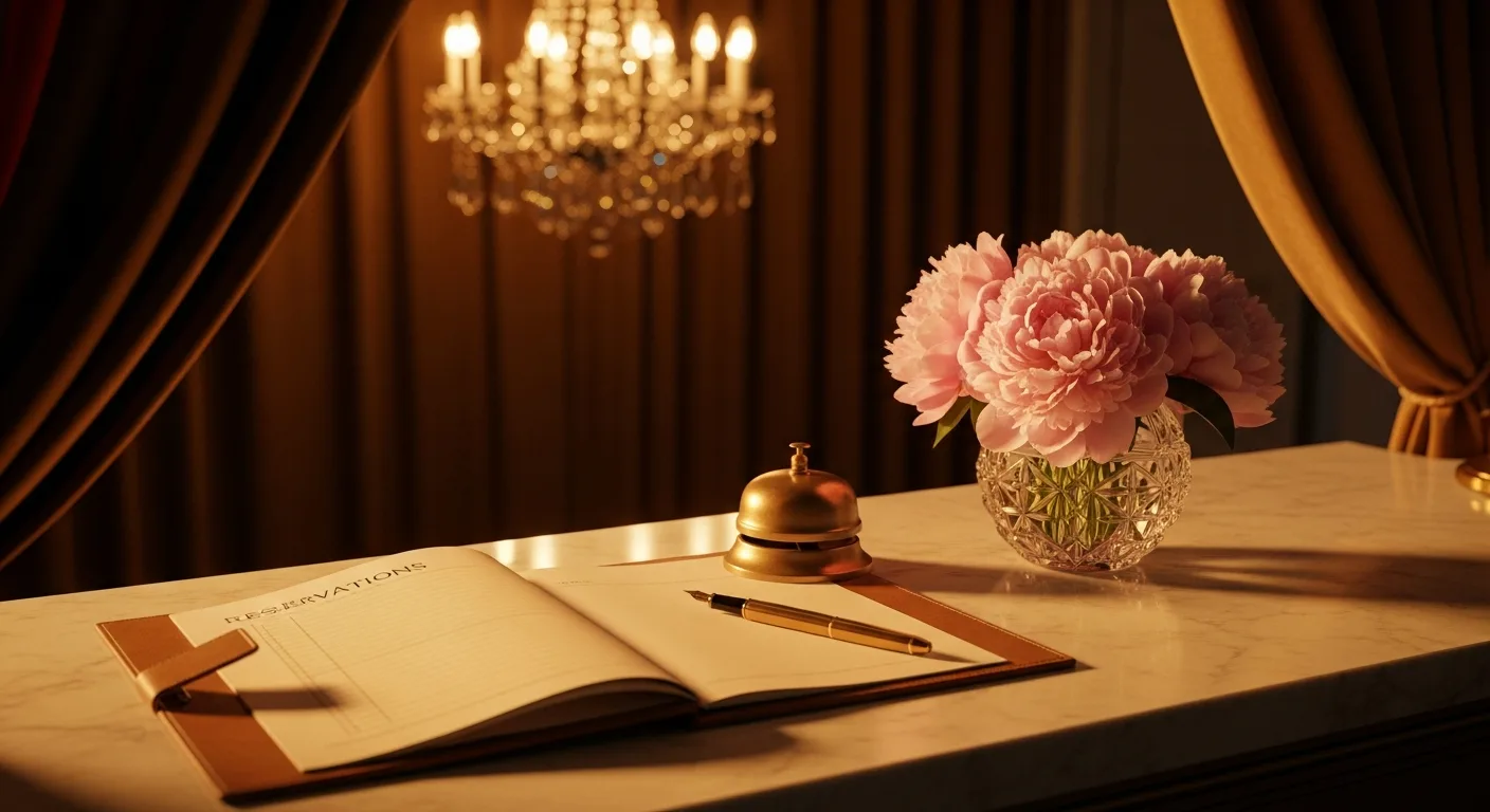 A marble reception desk with a leather-bound ledger, a brass bell, and a vase of peonies, softly lit by a crystal chandelier