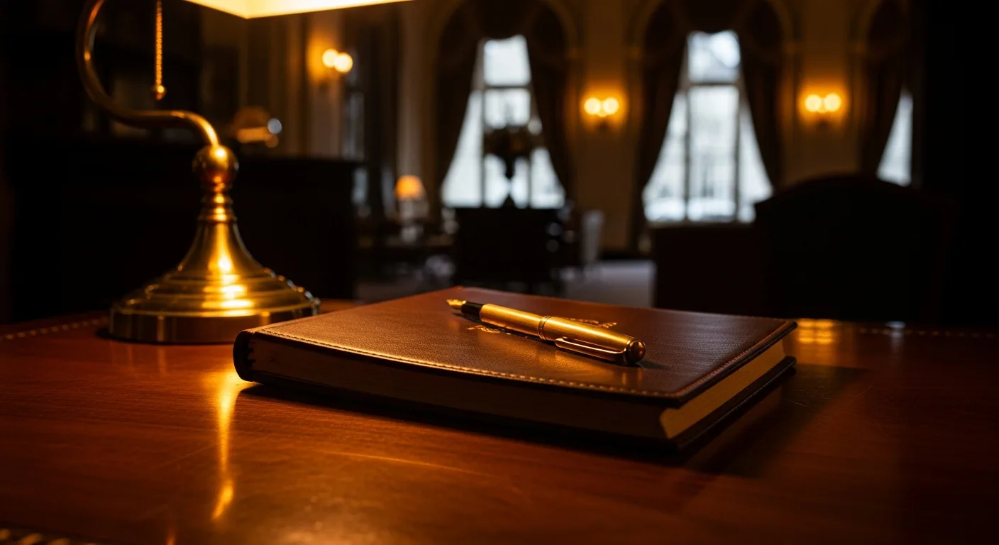 A leather-bound guest review book and brass fountain pen on a polished walnut desk in a luxury hotel lobby