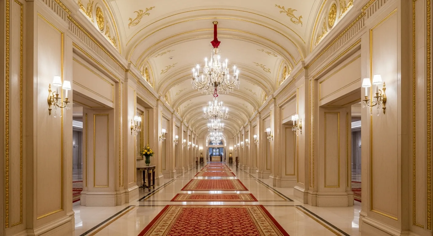Golden hotel corridor with arched ceiling and crystal chandeliers leading to a softly lit marble lobby